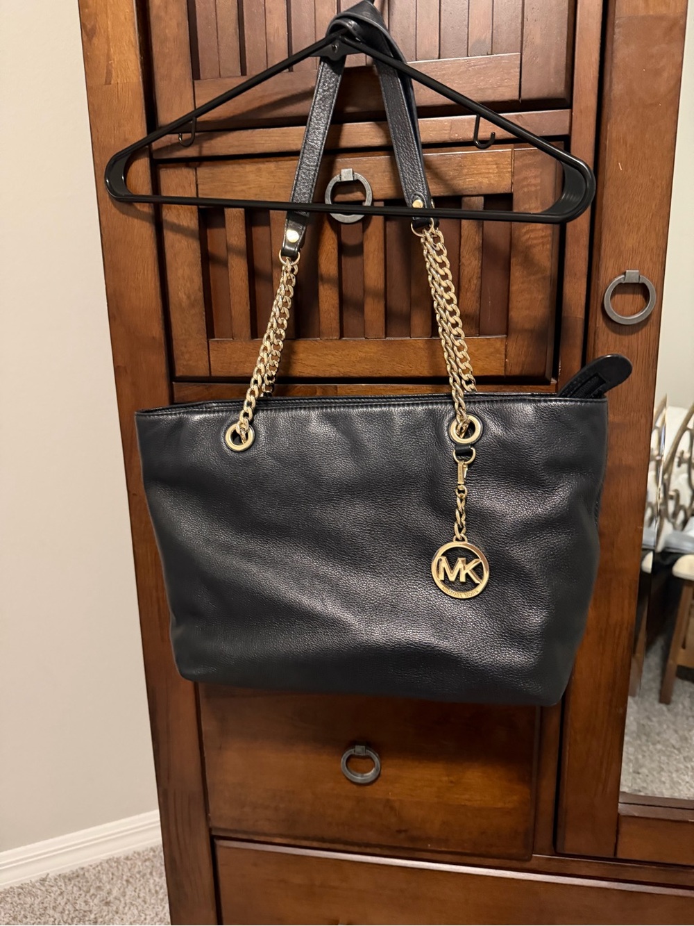 Michael Kors Black Leather Tote with Gold Chain Detail